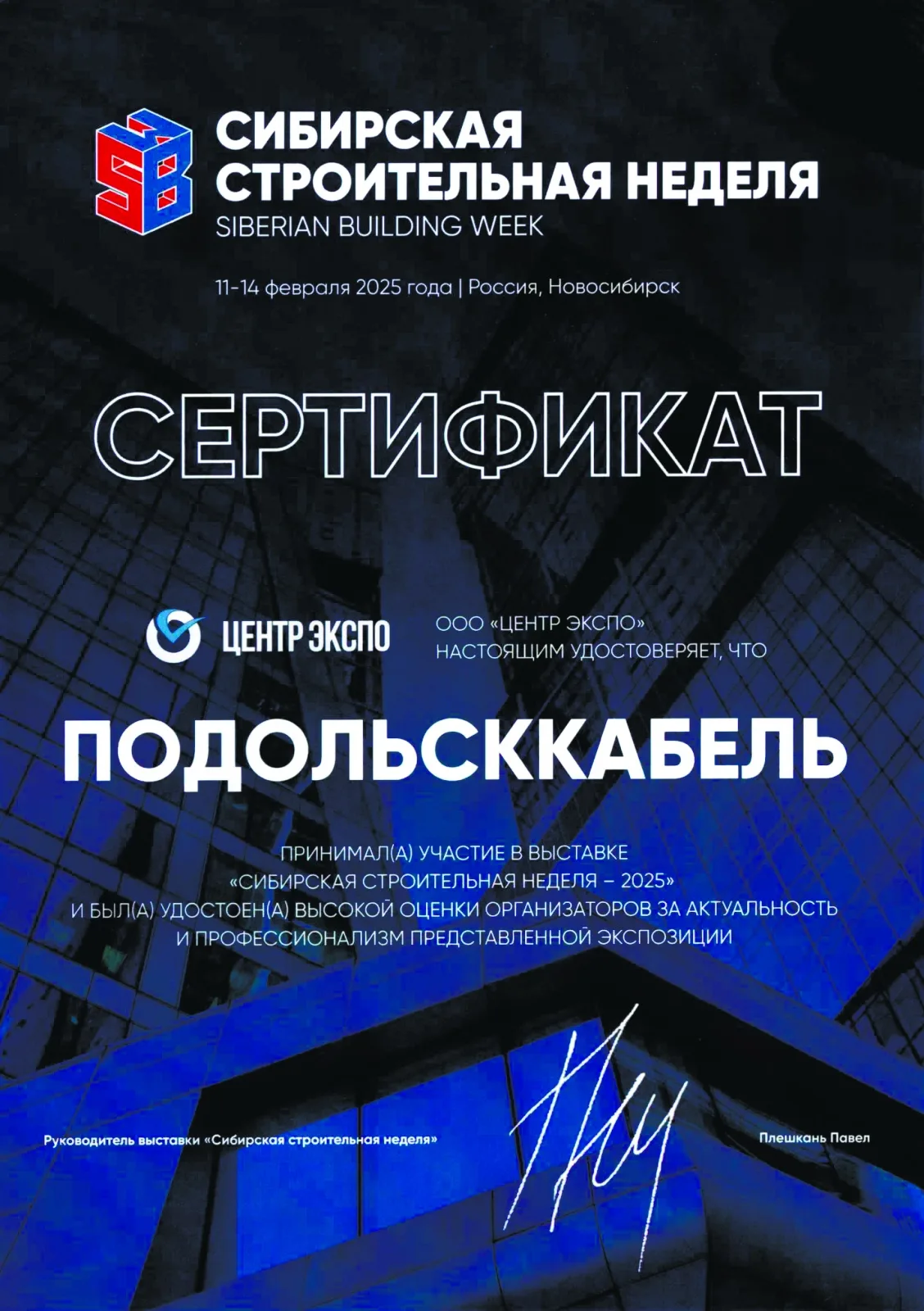 Диплом участника Сибирская строительная неделя